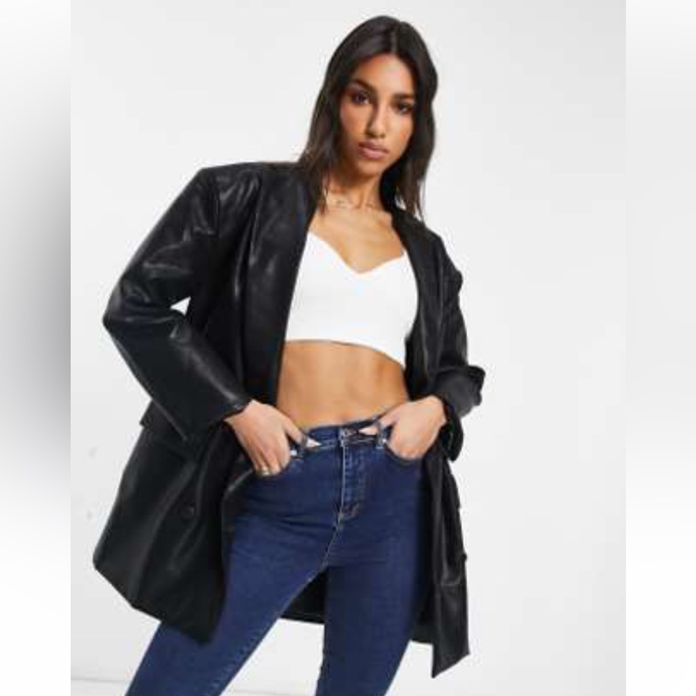 Black Faux Leather Blazer Jacket